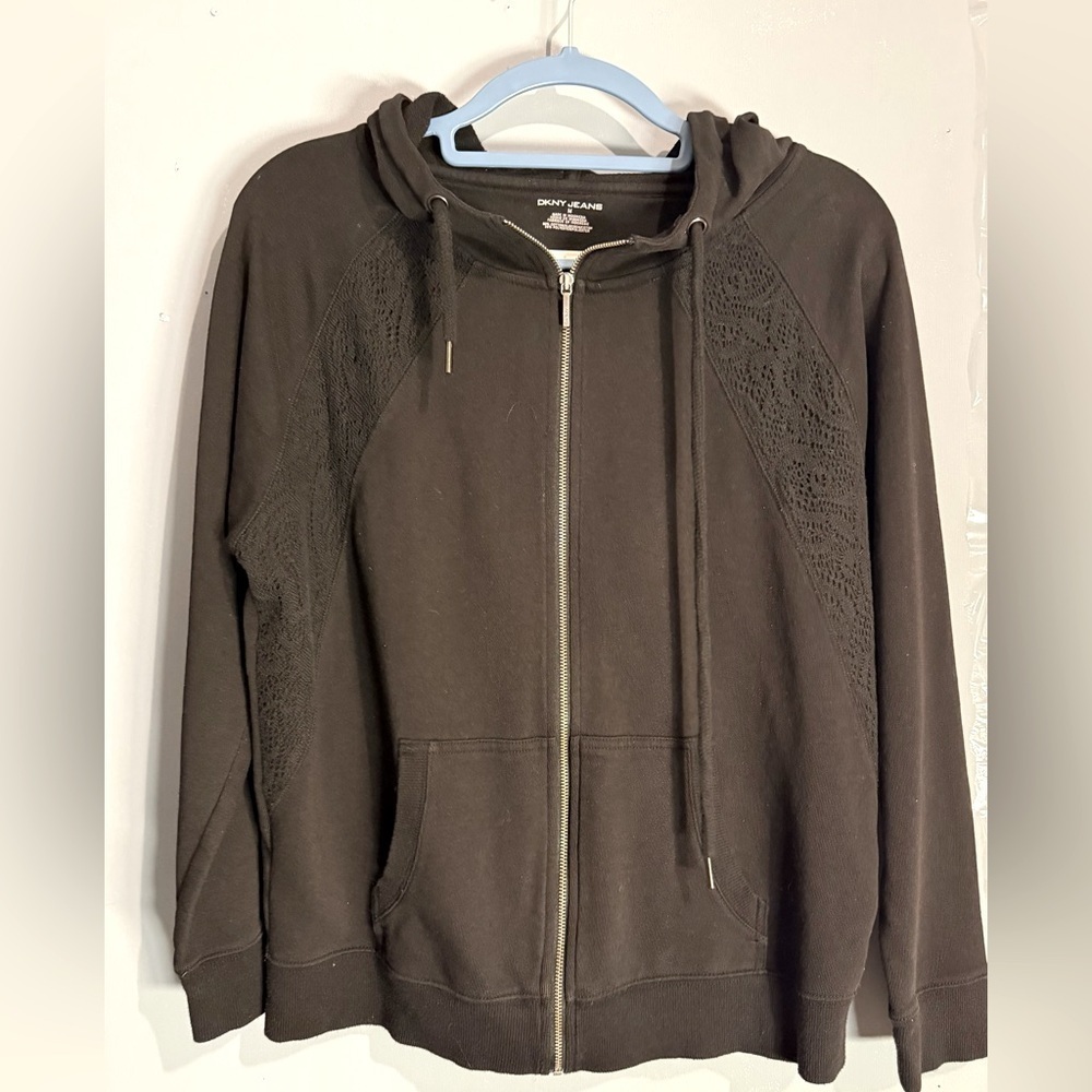 DKNY Jeans Black Zip-Up Hoodie with lace detail, medium